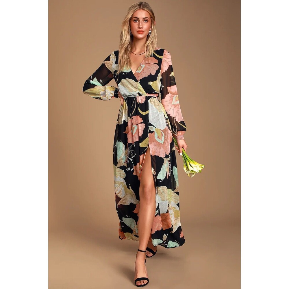 Lulus Maxi Dress Womens M Black Floral Wondrous Water Lilies Formal Wedding NWT